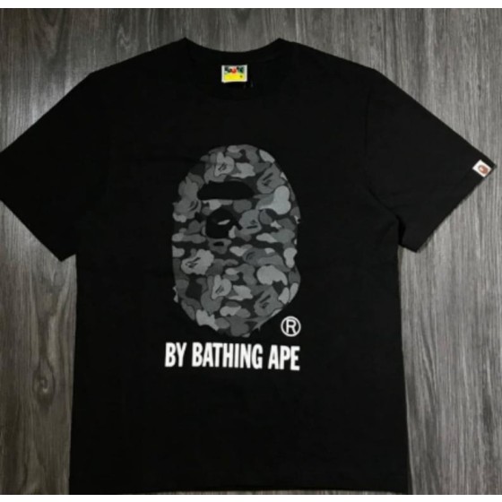 Black BAPE T-Shirt with Grey Camo Ape Head and "BY BATHING APE" Logo